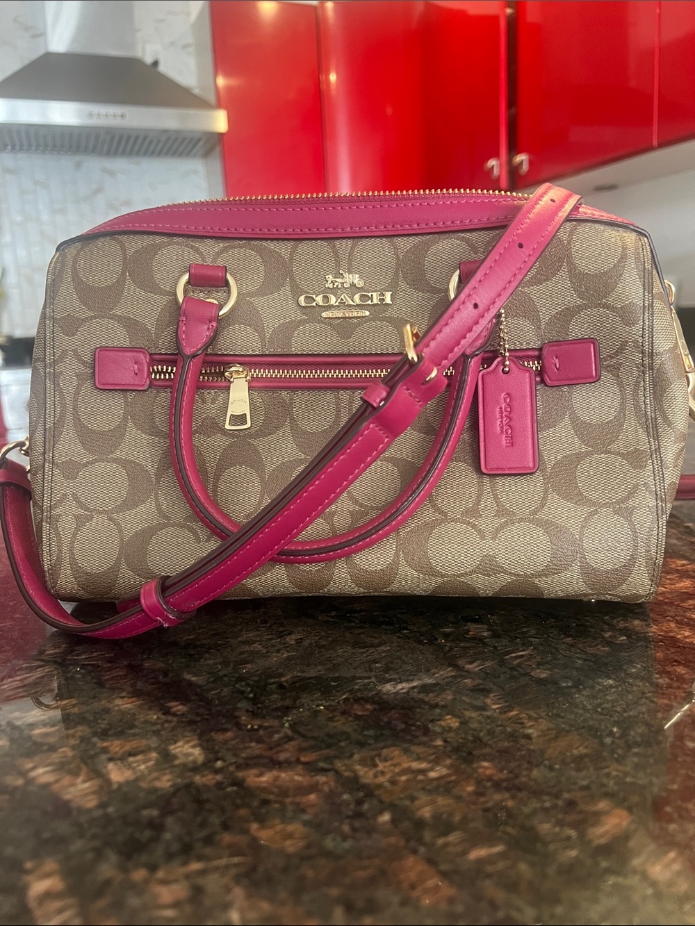 Coach Khaki Signature Satchel with Pink Trim